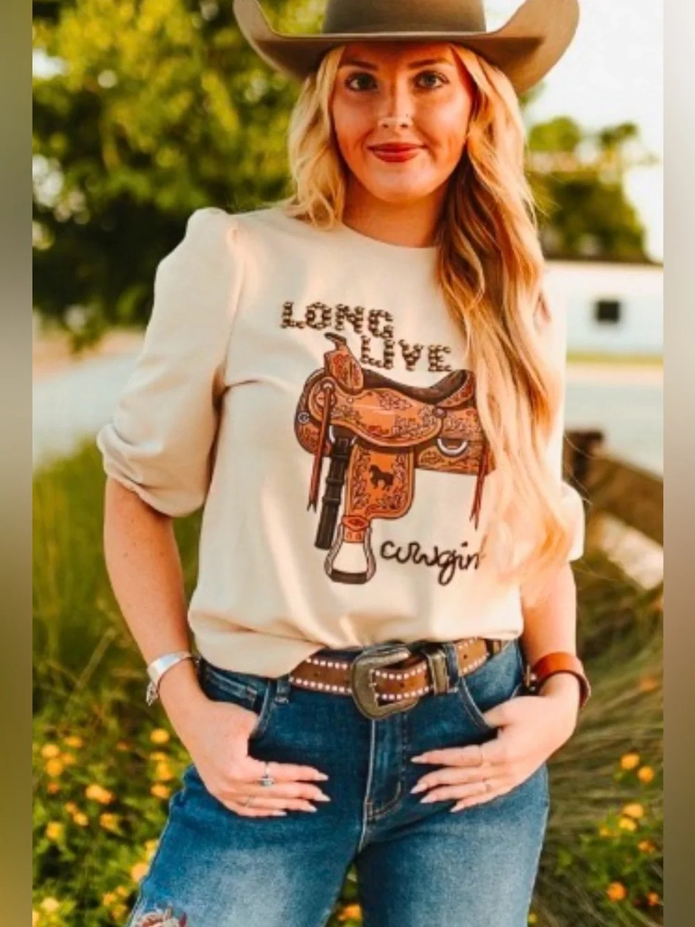 Lucky & Blessed Long Live Cowgirl Graphic Tee - Cream with Brown Saddle Print